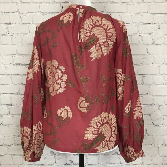 Anthropologie Payal Pratap Red Cross Stitch Embroidered Blouse Size 4 - Picture 3 of 9